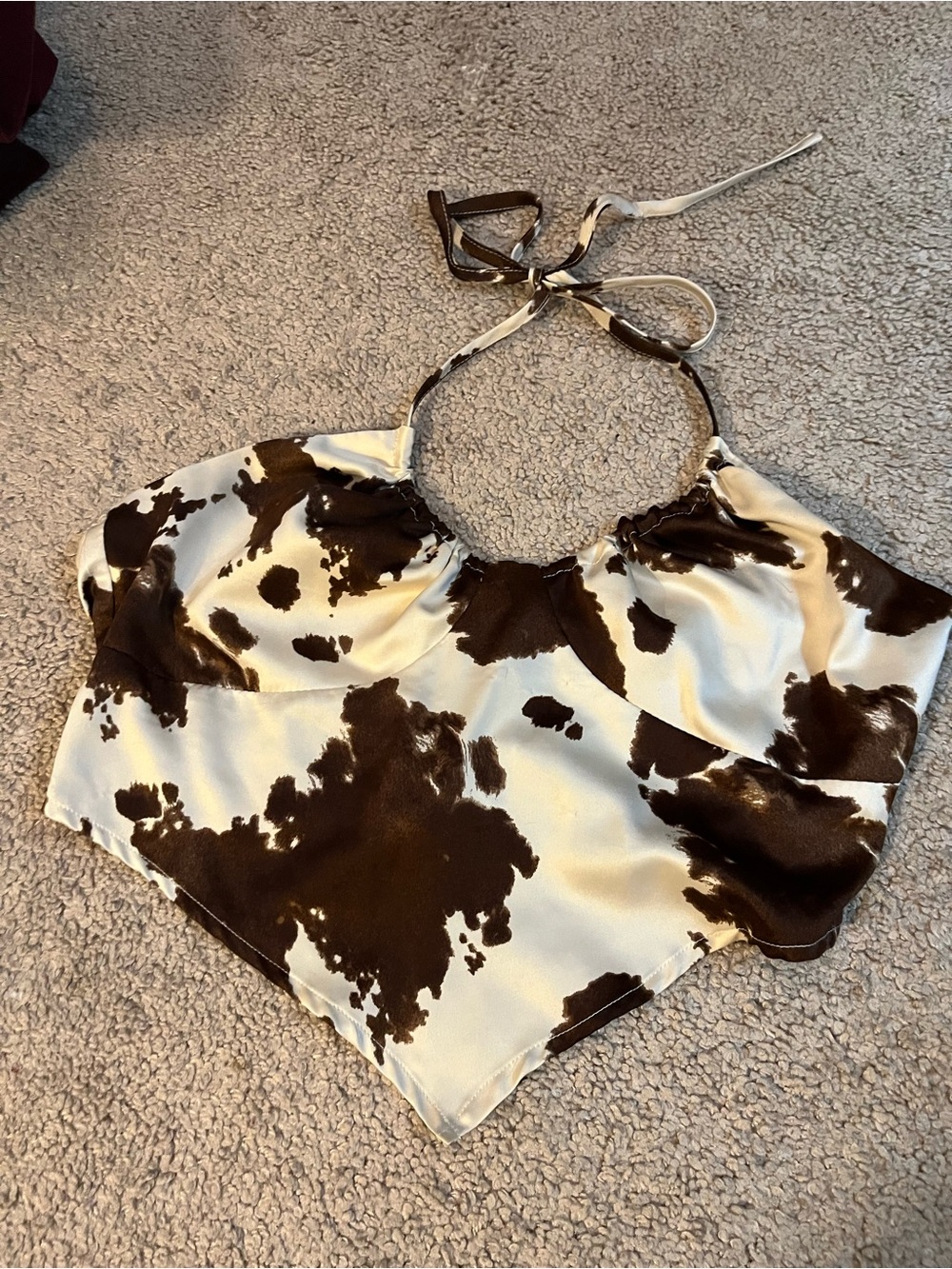 Altar'd State Brown and Cream Cow Print Satin Halter Crop Top
